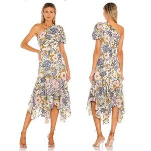 ASTR Santorini One Shoulder Midi Dress in Off White Retro Floral SZ S NWOT